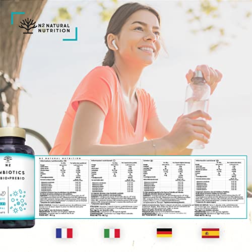 Probióticos y Prebióticos Intestinales, 60 cápsulas 40 Billones de Bacterias Probióticas Naturales, Mujer y Hombre. Mantenimiento Flora Intestinal, Trastornos Gastrointestinales. N2 Natural Nutrition