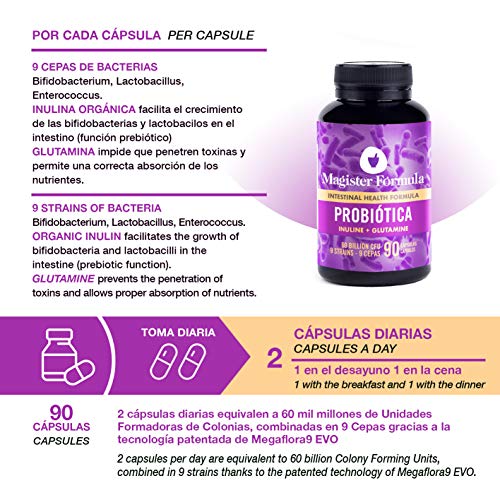 Probióticos y Prebióticos Intestinales | Con Inulina y Glutamina | Sistema Inmunológico, Colon Irritable y Más | 90 Cápsulas | Repara Flora Intestinal y Vaginal | Amplio Espectro | 60 Mil Millones UFC