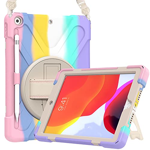 ProCase Funda Resistente para iPad 9 2021/iPad 8 2020/iPad 7 2019 10.2", Bumper con Correa, Soporte 360° Rotativo Asa de Mano, Uso Rudo Antichoques para iPad 9ª/8ª/7ª Gen 10.2 Inch -RosadeColores