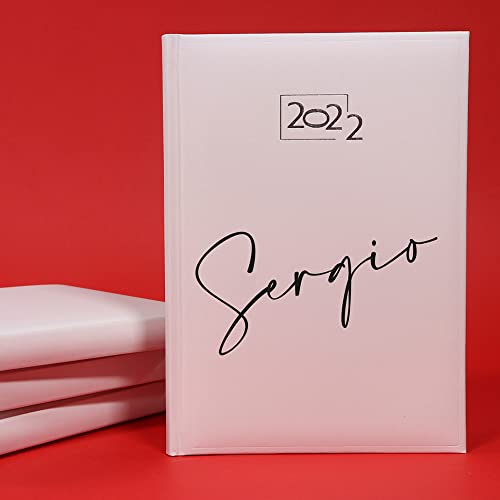 PROMO SHOP Elegante Agenda Blanca 2022 PERSONALIZADA con tu nombre. Tapa Dura Acolchada de Polipiel, 12 Meses, Página por día, Mapa de España, Tamaño A5, Marca páginas incluído