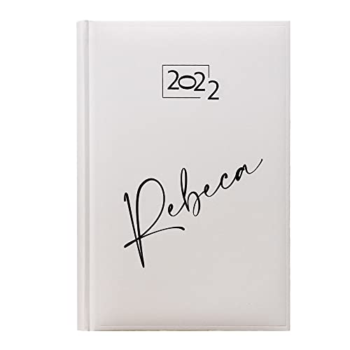 PROMO SHOP Elegante Agenda Blanca 2022 PERSONALIZADA con tu nombre. Tapa Dura Acolchada de Polipiel, 12 Meses, Página por día, Mapa de España, Tamaño A5, Marca páginas incluído