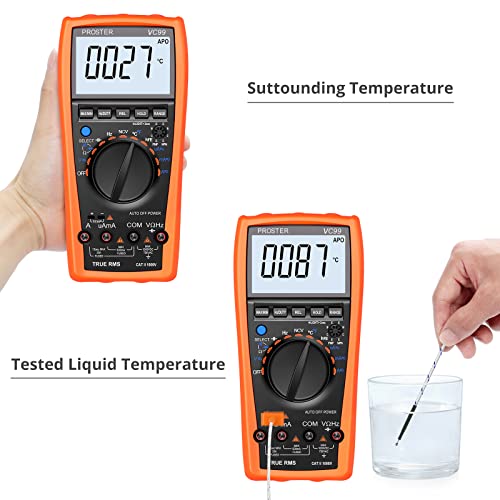 Proster Multímetro Digital Rango Automático 6000 Cuentas y 2000uF Voltímetro con Cable de Prueba Polímetro Multi Tester con Sonda de Tipo K para Medir la Capatancia Temperatura Voltaje