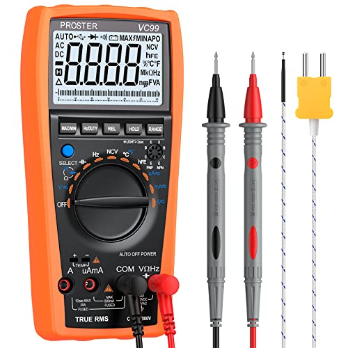 Proster Multímetro Digital Rango Automático 6000 Cuentas y 2000uF Voltímetro con Cable de Prueba Polímetro Multi Tester con Sonda de Tipo K para Medir la Capatancia Temperatura Voltaje