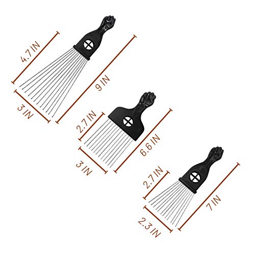 Púas de pelo Afro, paquete de 3 púas de pelo de metal, para peinar el cabello largo y rizado, pelo grueso, pelo grueso, barba, puño, peine para mujeres y hombres