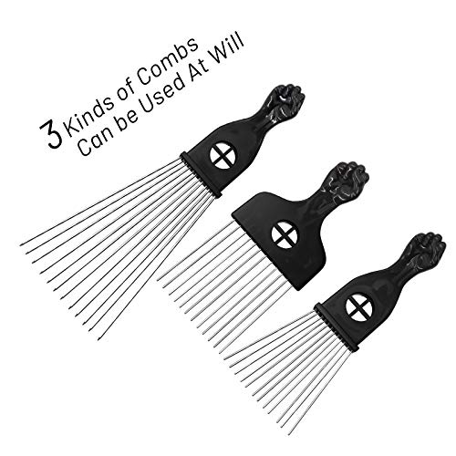 Púas de pelo Afro, paquete de 3 púas de pelo de metal, para peinar el cabello largo y rizado, pelo grueso, pelo grueso, barba, puño, peine para mujeres y hombres