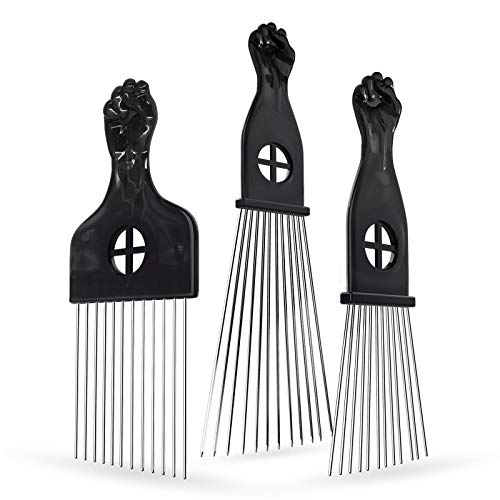 Púas de pelo Afro, paquete de 3 púas de pelo de metal, para peinar el cabello largo y rizado, pelo grueso, pelo grueso, barba, puño, peine para mujeres y hombres