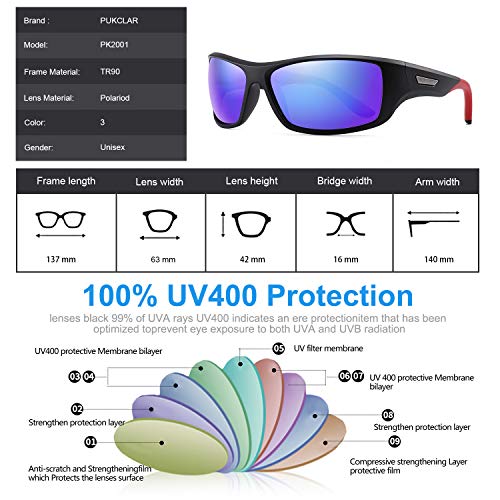 PUKCLAR Gafas de Sol Hombre Polarizadas, Deportivas, para Ciclismo, para Mujer, Protecci¨®n UV400, Cat 3 CE C3 Negro/Azul, Efecto Espejo, Cat 3. L