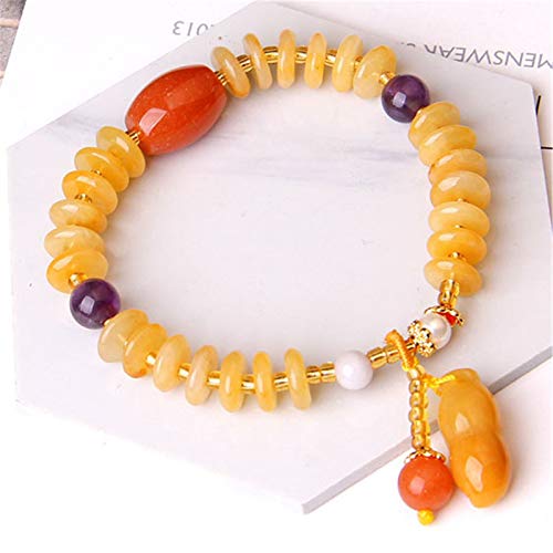 Pulsera elástica de cuarcita de jade de dragón amarillo natural Huang Jade largo Jade imperial Jade de seda dorada Cuarzo Roca Calabaza Cuentas de ábaco Pulseras la suerte Regalo para mujeres/hombres