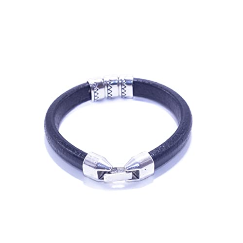 Pulsera para hombre, de genuino cuero regaliz, con abalorios de zamak bañados en plata. Hecha a mano. Pulsera regalo, día del padre. (Negro)