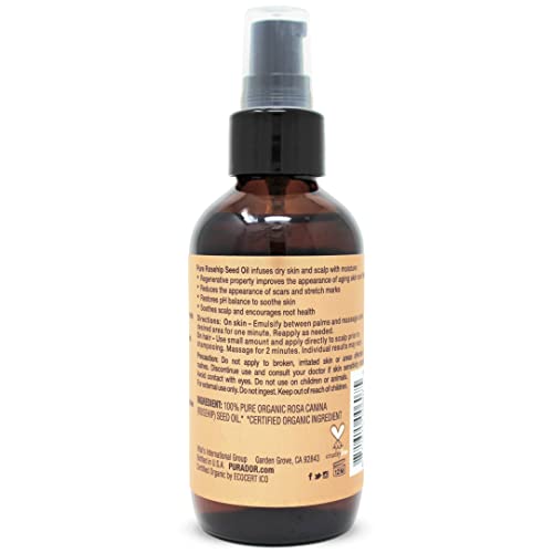 Pura D'Or (118 ml) orgánico aceite de semillas de rosa mosqueta 100% puro frío presionado, all natural tratamiento anti-envejecimiento crema hidratante para el rostro,(el embalaje pueden variar)