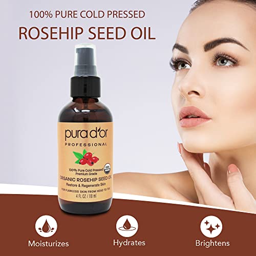Pura D'Or (118 ml) orgánico aceite de semillas de rosa mosqueta 100% puro frío presionado, all natural tratamiento anti-envejecimiento crema hidratante para el rostro,(el embalaje pueden variar)