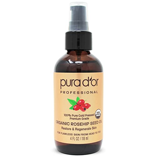 Pura D'Or (118 ml) orgánico aceite de semillas de rosa mosqueta 100% puro frío presionado, all natural tratamiento anti-envejecimiento crema hidratante para el rostro,(el embalaje pueden variar)