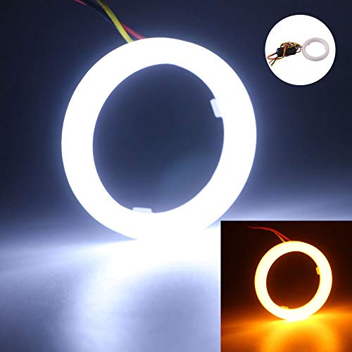 Qasim 1 par de LED Angel Eyes 70MM Ojos de Ángel Motocicleta Coche Halo Anillos 4014 84SMD Blanco + Ámbar Switchback para DRL Faro Luz Antiniebla Diurna DC12V
