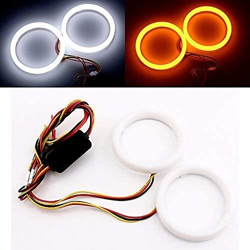 Qasim 1 par de LED Angel Eyes 70MM Ojos de Ángel Motocicleta Coche Halo Anillos 4014 84SMD Blanco + Ámbar Switchback para DRL Faro Luz Antiniebla Diurna DC12V