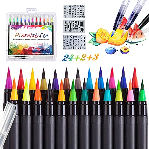 Qhui Rotuladores Lettering 24 Colores Profesionales y 2 Pluma de Pincel de Agua y 3 Plantillas, Rotuladores Punta Pincel de Nylon Flexible, Rotuladores Acuarelables para Pintura Caligrafía Cómics