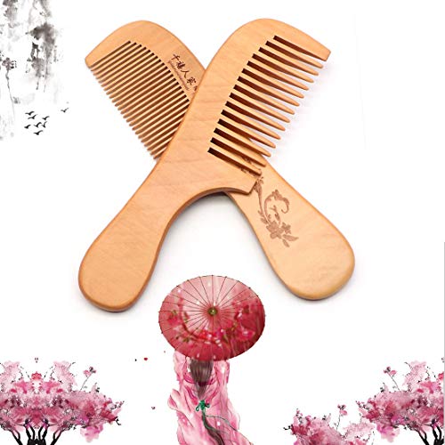 QiCheng & LYS Peine Peine de Madera de Dientes Anchos sin Peine Estático Peine de Madera Natural Para Hombres y Mujeres, Dientes Anchos Más Dientes Finos (Mango 2PCS)