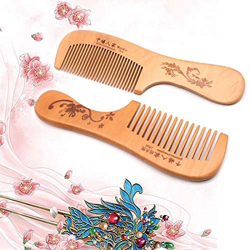 QiCheng & LYS Peine Peine de Madera de Dientes Anchos sin Peine Estático Peine de Madera Natural Para Hombres y Mujeres, Dientes Anchos Más Dientes Finos (Mango 2PCS)