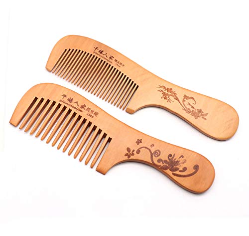 QiCheng & LYS Peine Peine de Madera de Dientes Anchos sin Peine Estático Peine de Madera Natural Para Hombres y Mujeres, Dientes Anchos Más Dientes Finos (Mango 2PCS)
