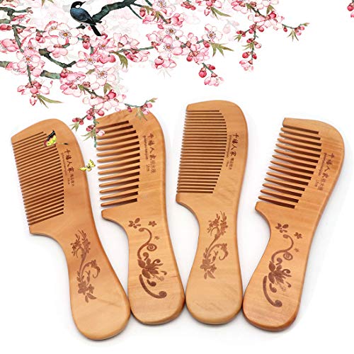 QiCheng & LYS Peine Peine de Madera de Dientes Anchos sin Peine Estático Peine de Madera Natural Para Hombres y Mujeres, Dientes Anchos Más Dientes Finos (Mango 2PCS)