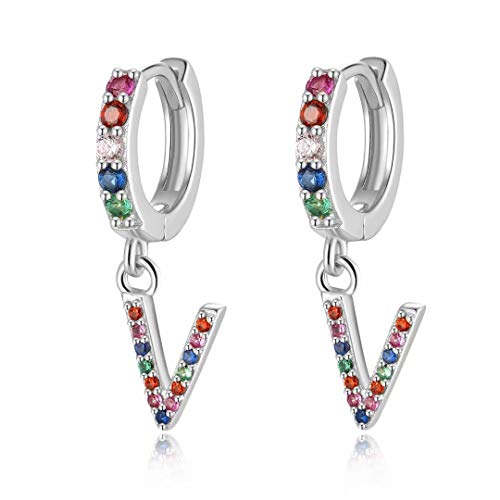 Qings Pendientes Colgantes Iniciales V, Aretes Aro Plata Pendientes Letras Pendientes Nombre Regalos de Cumpleaños Dama Niñas Mujer