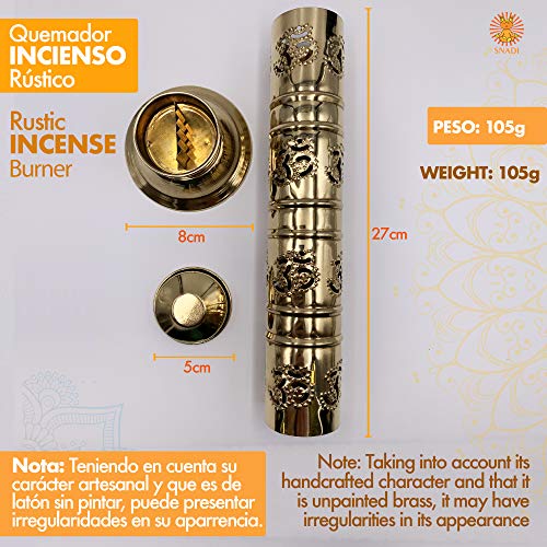 Quemador de Incienso (incensario) símbolo Om rústico en Latón Dorado - 27 cm de Alto, Base 8 cm y Tapa 5 cm - Peso 155 g. Soporte Incienso Puede Contener hasta 5 barritas de Incienso.