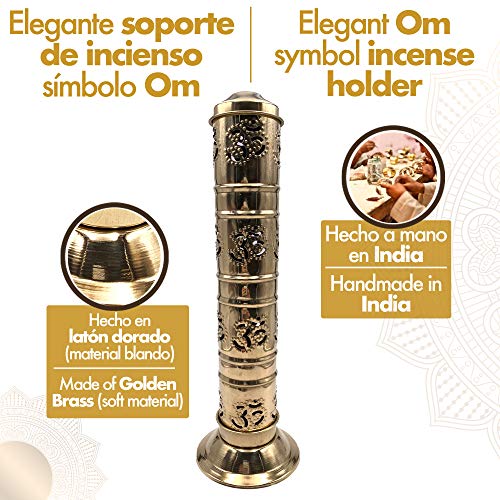 Quemador de Incienso (incensario) símbolo Om rústico en Latón Dorado - 27 cm de Alto, Base 8 cm y Tapa 5 cm - Peso 155 g. Soporte Incienso Puede Contener hasta 5 barritas de Incienso.