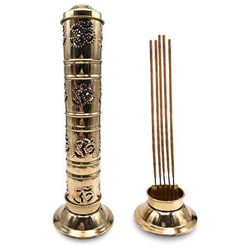 Quemador de Incienso (incensario) símbolo Om rústico en Latón Dorado - 27 cm de Alto, Base 8 cm y Tapa 5 cm - Peso 155 g. Soporte Incienso Puede Contener hasta 5 barritas de Incienso.