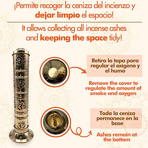 Quemador de Incienso (incensario) símbolo Om rústico en Latón Dorado - 27 cm de Alto, Base 8 cm y Tapa 5 cm - Peso 155 g. Soporte Incienso Puede Contener hasta 5 barritas de Incienso.