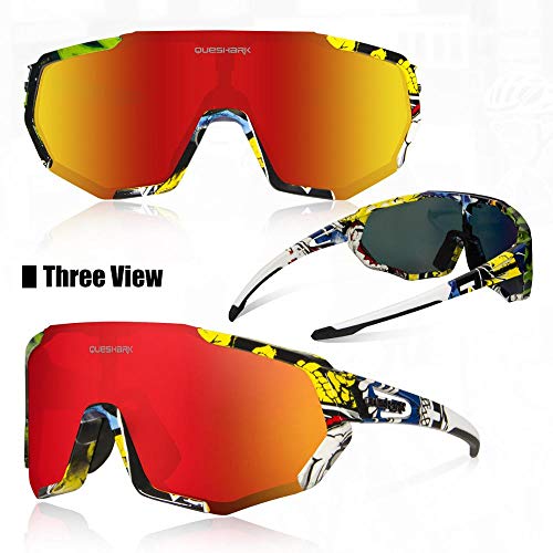 Queshark Gafas de Ciclismo Polarizadas Gafas de Sol Deportivas con Montura TR90 Gafas de Bicicleta para Hombres Mujeres con 3 Lentes Intercambiables Anti-UV400