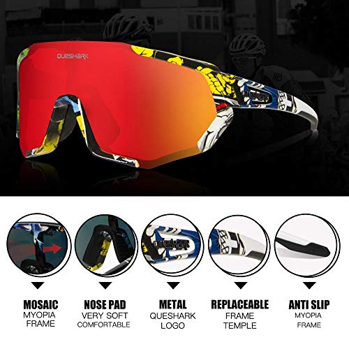 Queshark Gafas de Ciclismo Polarizadas Gafas de Sol Deportivas con Montura TR90 Gafas de Bicicleta para Hombres Mujeres con 3 Lentes Intercambiables Anti-UV400
