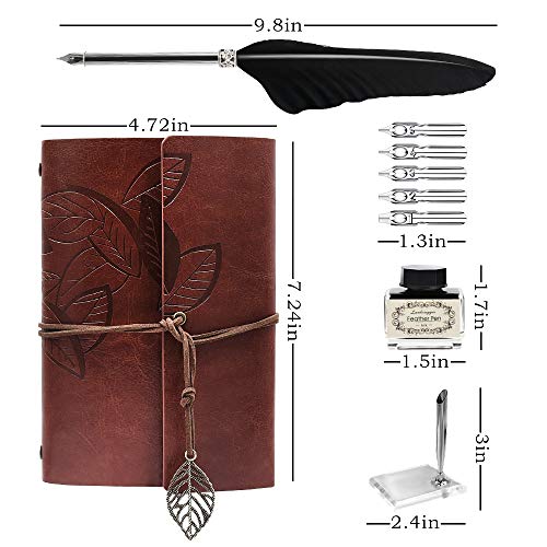 Quill - Juego de bolígrafos y tinta para caligrafía de plumas antiguas, incluye pluma de pluma, 5 puntas de repuesto, base de pluma, cuaderno, tinta, el mejor regalo para hombres y papá (negro)
