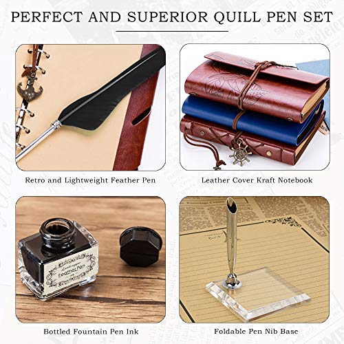 Quill - Juego de bolígrafos y tinta para caligrafía de plumas antiguas, incluye pluma de pluma, 5 puntas de repuesto, base de pluma, cuaderno, tinta, el mejor regalo para hombres y papá (negro)