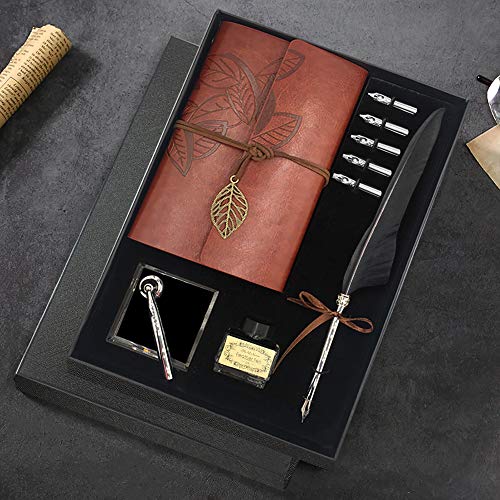 Quill - Juego de bolígrafos y tinta para caligrafía de plumas antiguas, incluye pluma de pluma, 5 puntas de repuesto, base de pluma, cuaderno, tinta, el mejor regalo para hombres y papá (negro)