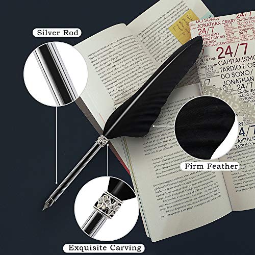 Quill - Juego de bolígrafos y tinta para caligrafía de plumas antiguas, incluye pluma de pluma, 5 puntas de repuesto, base de pluma, cuaderno, tinta, el mejor regalo para hombres y papá (negro)