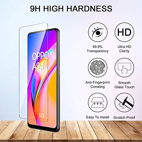 QULLOO para OPPO A94 5G Protector de Pantalla + Protector de Lente de cámara[2 Piezas + 2 Piezas],9H Dureza Vidrio Templado Sin Burbujas Film Cristal Templado