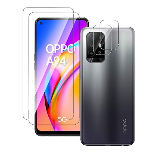 QULLOO para OPPO A94 5G Protector de Pantalla + Protector de Lente de cámara[2 Piezas + 2 Piezas],9H Dureza Vidrio Templado Sin Burbujas Film Cristal Templado