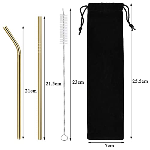 QUPLMGE 12 Pajitas de Acero Inoxidable Doradas, Pajitas de Beber Reutilizables, pajitas de Metal Adecuadas para Fiesta Navidad Vino Bebida fría con 3 Cepillos y 1 Bolsa de Franela