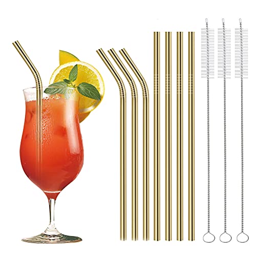 QUPLMGE 12 Pajitas de Acero Inoxidable Doradas, Pajitas de Beber Reutilizables, pajitas de Metal Adecuadas para Fiesta Navidad Vino Bebida fría con 3 Cepillos y 1 Bolsa de Franela