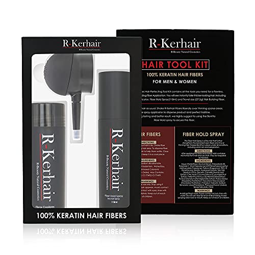 R-Kerhair Kit Fibras Capilares Densificadoras del Cablello para Disimular Calvicie para Hombre y Mujer - Aplicador y Fijador Incluidos, Mayor Duración y Resultado Profesional (Gris)