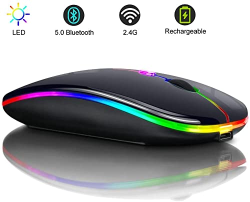 Ratón Inalámbrico Bluetooth Recargable, Ratón Retroiluminado de 7 Colores con Mini Receptor USB de 2,4 GHz, 1200,1600DPI Ajustable,Compatible con Laptop, PC, Ordenador, Chromebook, Notebook(Negro)