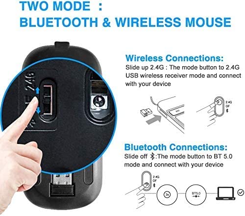 Ratón Inalámbrico Bluetooth Recargable, Ratón Retroiluminado de 7 Colores con Mini Receptor USB de 2,4 GHz, 1200,1600DPI Ajustable,Compatible con Laptop, PC, Ordenador, Chromebook, Notebook(Negro)