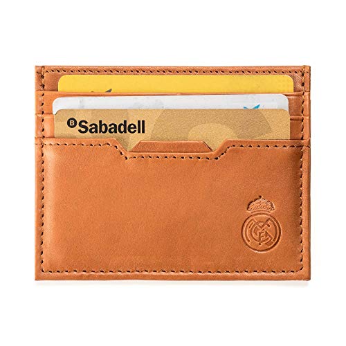 Real Madrid - Cartera Tarjetero Hecho a Mano con Piel Juego de 2 Piezas. Color Marrón Claro RMJ-80011T