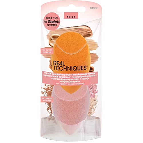 REAL TECHNIQUES - Set de 2 Esponjas para Maquillaje Facial - Incluye 1 Esponja Miracle Complexion + 1 Esponja Miracle Powder - Para Aplicar Todo Tipo de Maquillajes - Sin Látex - Diseño Profesional