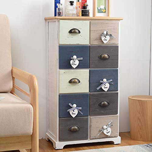 Rebecca Mobili Cajonera de 10 cajones, cómoda Vintage, Madera de Paulownia, Blanco Gris, para Dormitorio y Entrada- Medidas: 88 x 48 x 30 cm (AxANxF) - Art. RE4485