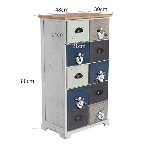 Rebecca Mobili Cajonera de 10 cajones, cómoda Vintage, Madera de Paulownia, Blanco Gris, para Dormitorio y Entrada- Medidas: 88 x 48 x 30 cm (AxANxF) - Art. RE4485