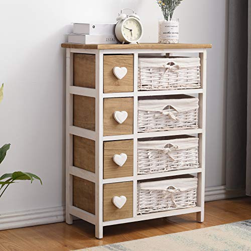Rebecca Mobili Comóda Madera Mimbre, Mueble baño Vintage, 8 cajones, Color Blanco, Perilla Forma de corazón - Medidas: 71 x 51 x P 30 cm (AxANxF) - Art. RE4356