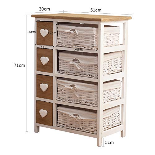 Rebecca Mobili Comóda Madera Mimbre, Mueble baño Vintage, 8 cajones, Color Blanco, Perilla Forma de corazón - Medidas: 71 x 51 x P 30 cm (AxANxF) - Art. RE4356