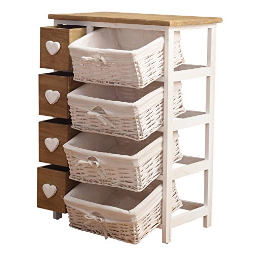 Rebecca Mobili Comóda Madera Mimbre, Mueble baño Vintage, 8 cajones, Color Blanco, Perilla Forma de corazón - Medidas: 71 x 51 x P 30 cm (AxANxF) - Art. RE4356