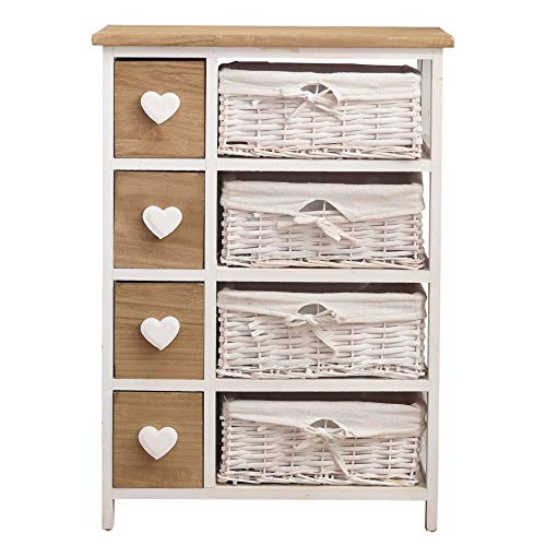 Rebecca Mobili Comóda Madera Mimbre, Mueble baño Vintage, 8 cajones, Color Blanco, Perilla Forma de corazón - Medidas: 71 x 51 x P 30 cm (AxANxF) - Art. RE4356
