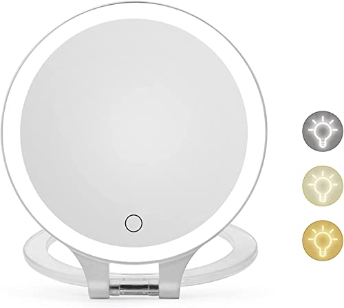 Recargable Espejo Maquillaje con Luz 3 Modos Iluminación Colores,72Leds Espejo de Mesa, Espejo de Aumento de Pared, 1X, 10X Ampliación, Espejo Lateral doblecosmética Afeitar Espejos para Baño (White)